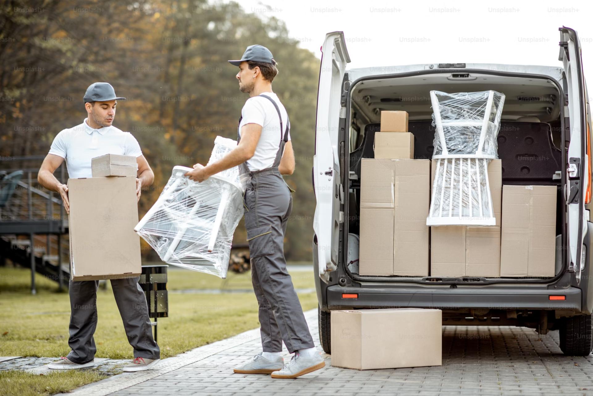 Delivery workers loading truck with boxes