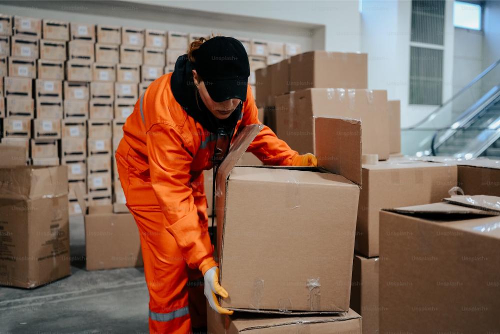 Delivery worker packing boxes